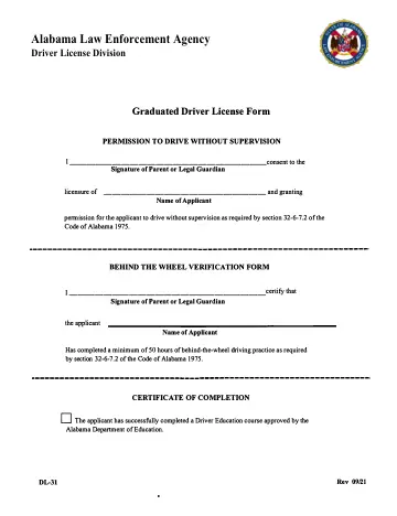 Cover of Graduated Driver License Form DL-31 (Permission to Drive Without Supervision / Behind the Wheel Verification Form / Certificate of Completion)