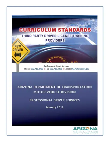 Cover of Professional Standards (ADOT MVD curriculum standards for Authorized Third Party Driver License Training Providers)