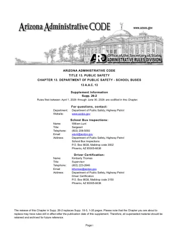 Cover of Arizona Administrative Code Title 13, Chapter 13 - Department of Public Safety - School Buses (2026 updated Arizona Minimum Standards for School Buses and School Bus Drivers)