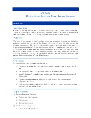 Cover of CT DMV Driving School Two Hour Parent Training Standards