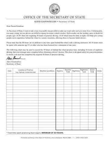 Cover of 50-Hour Practice Driving Log for Applicants Under Age 18