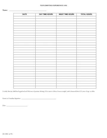 Cover of Teen Driving Experience Log (DE-IB01)
