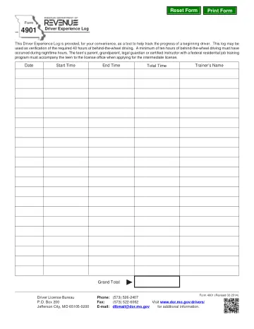 Cover of Driver Experience Log (Form 4901)
