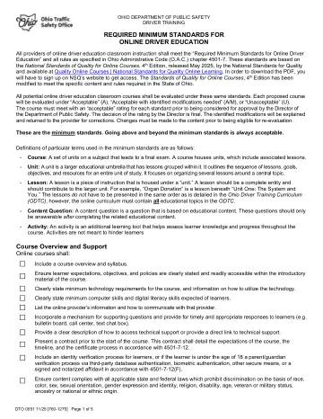 Cover of Driver Training Required Minimum Standards for Online Driver Education (DTO 0051)