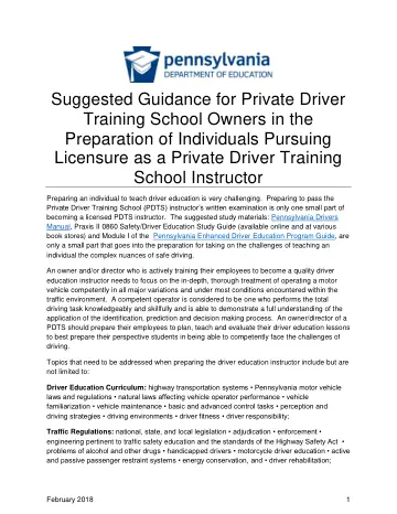 Cover of Suggested Guidance for Private Driver Training School Owners in the Preparation of Individuals Pursuing Licensure as a Private Driver Training School Instructor