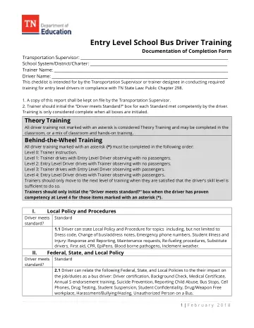 Cover of Entry Level School Bus Driver Training Documentation of Completion Form