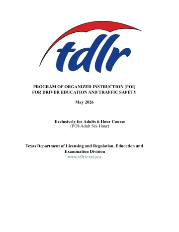 Cover of Program of Organized Instruction (POI) for Driver Education and Traffic Safety, Exclusively for Adults 6-Hour Course (POI-Adult Six-Hour)